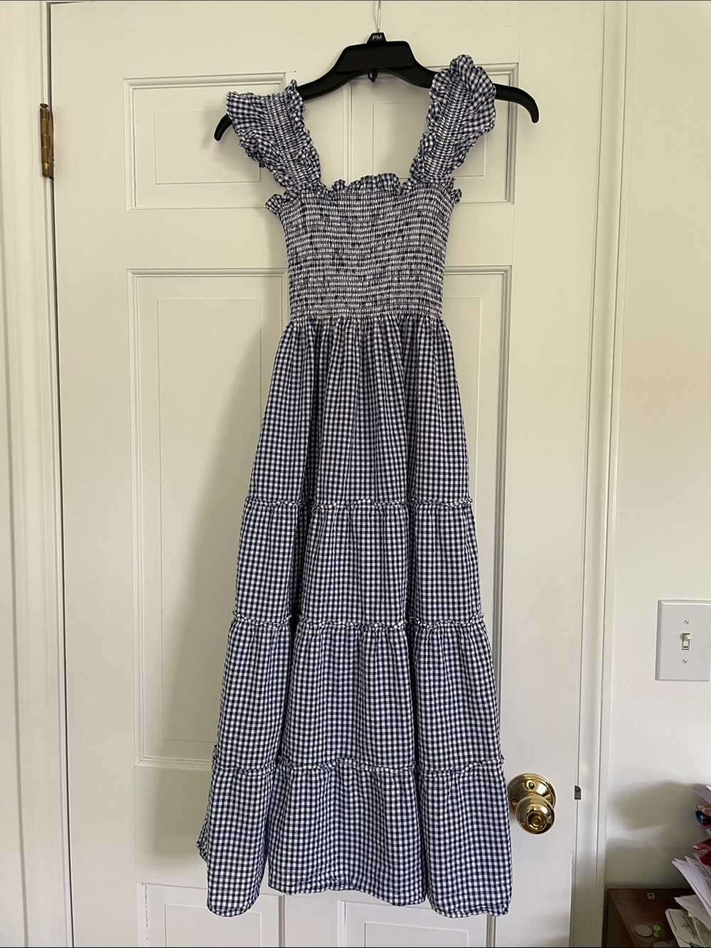 Hill House Navy Gingham Smocked Tiered Midi Dress